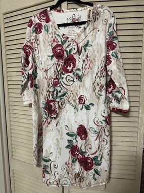 Soma Cream Floral V-Neck Chemise with Burgundy Rose Print